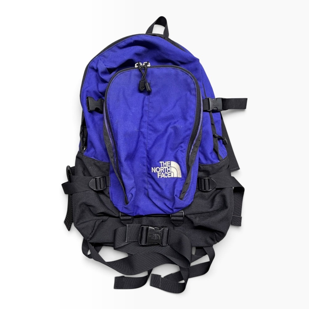 The North Face Vintage Blue Black Nylon Backpack Hiking Daypack RN 61661
